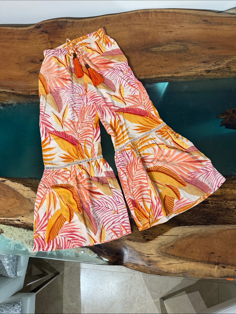 True Destinations Tropical Flare Hem Pants - Pink & Orange
